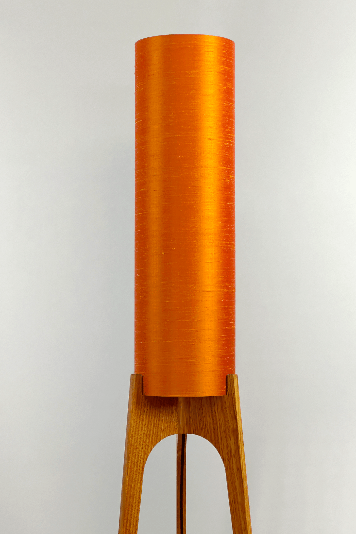 Wooden Rocket Floor Lamp with Orange cylindrical handmade lampshade with premium raw silk