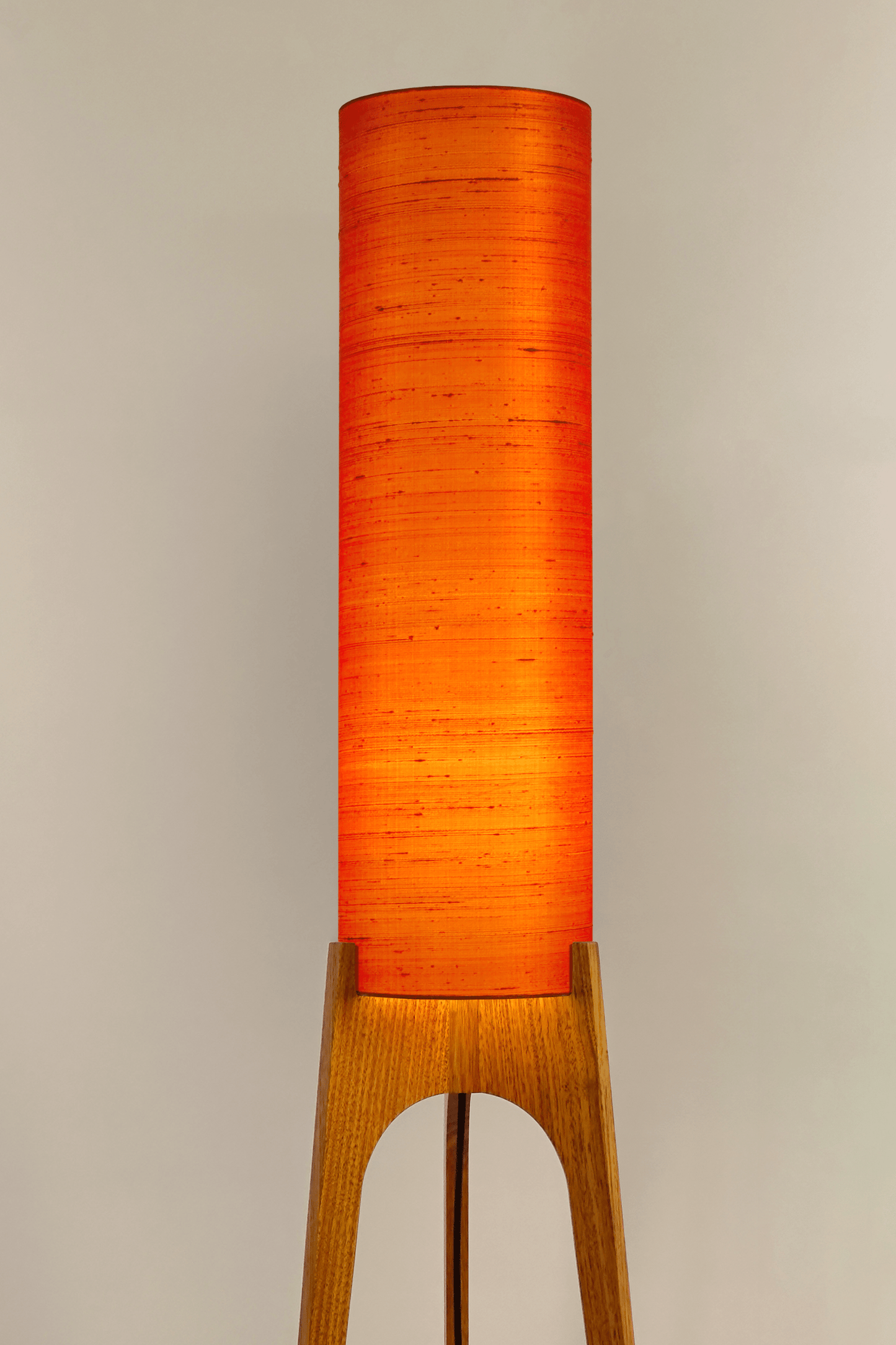 Wooden Rocket Floor Lamp with Orange cylindrical handmade lampshade with premium raw silk