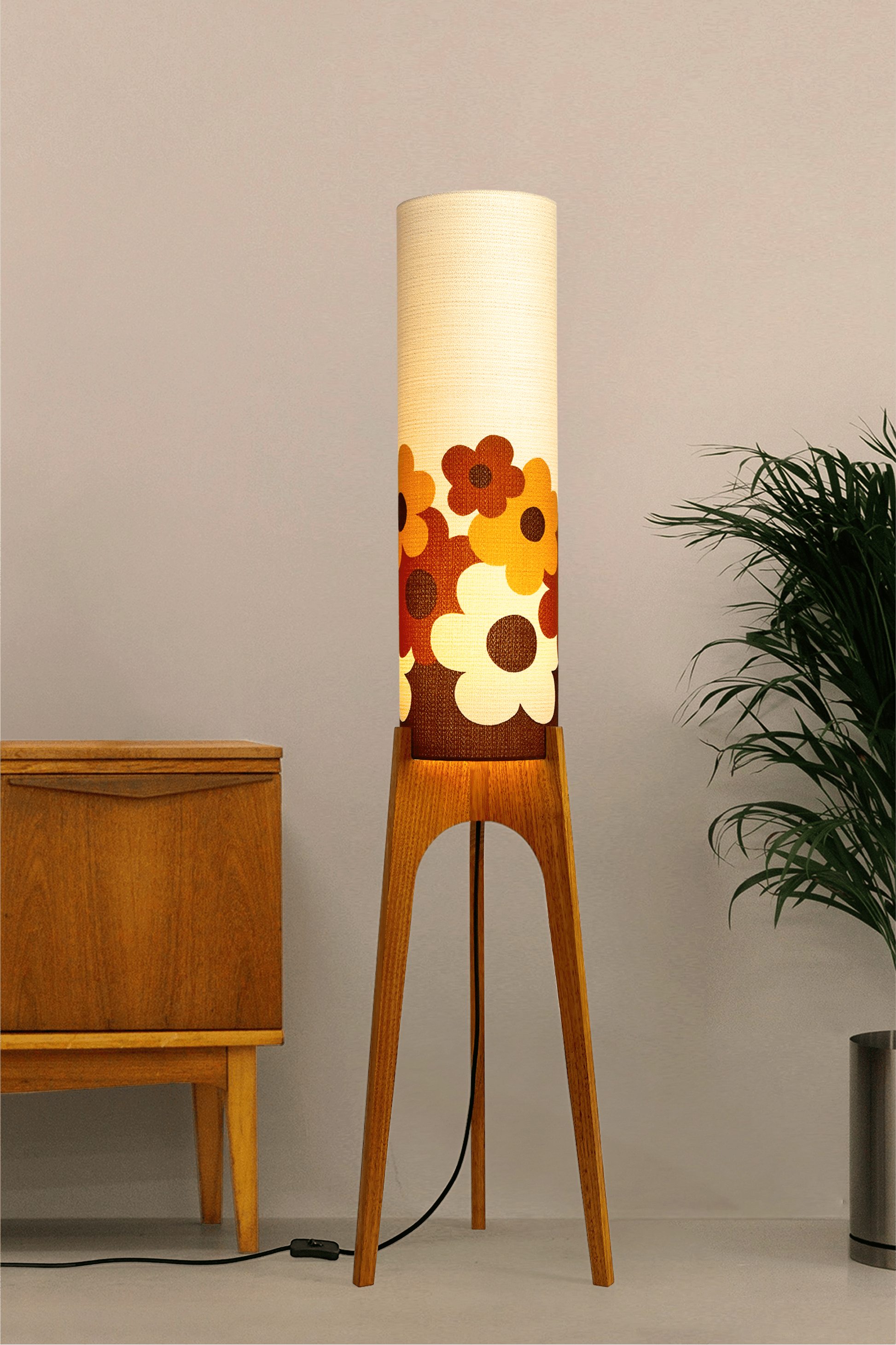 Handmade Rocket Floor Lamp with a floral design lampshade made with vintage fabric on a neutral background
