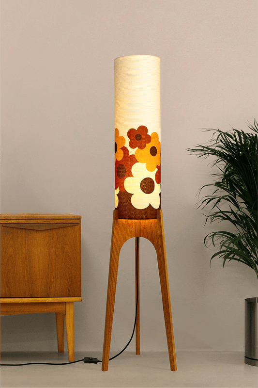 Handmade Rocket Floor Lamp with a floral design lampshade made with vintage fabric on a neutral background