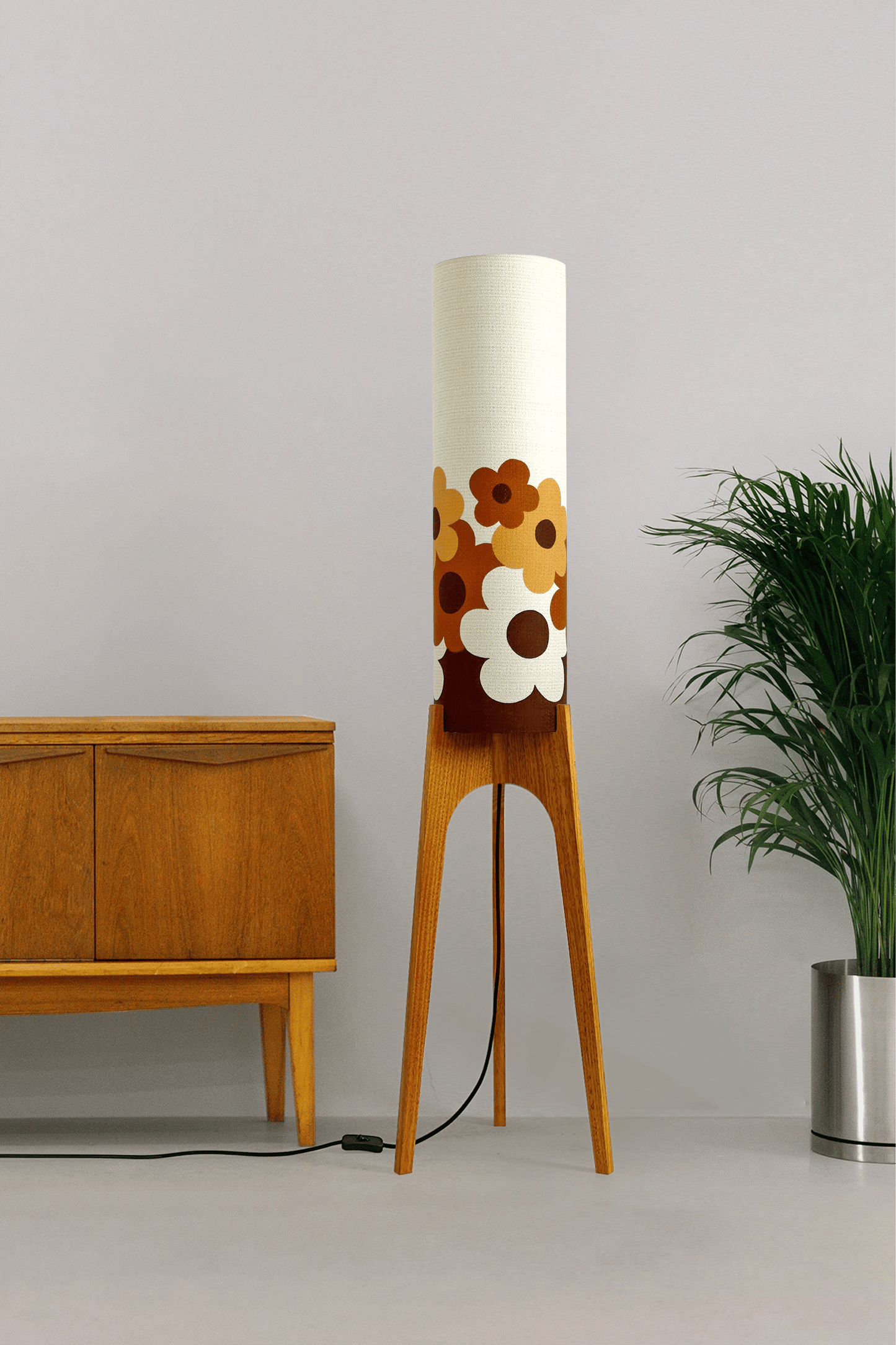 Handmade Rocket Floor Lamp with a floral design lampshade made with vintage fabric on a neutral background