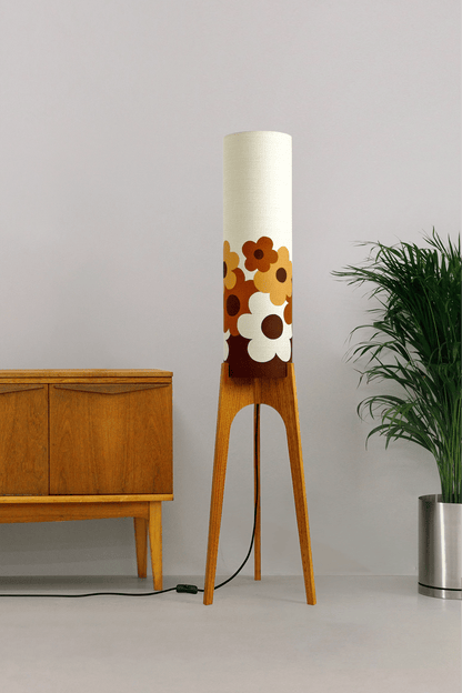 Handmade Rocket Floor Lamp with a floral design lampshade made with vintage fabric on a neutral background