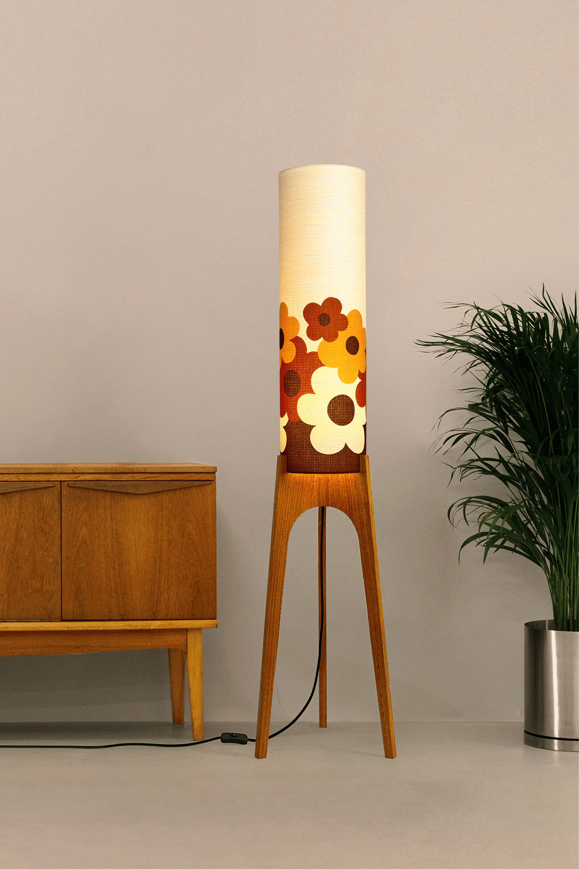 Handmade Rocket Floor Lamp with a floral design lampshade made with vintage fabric on a neutral background