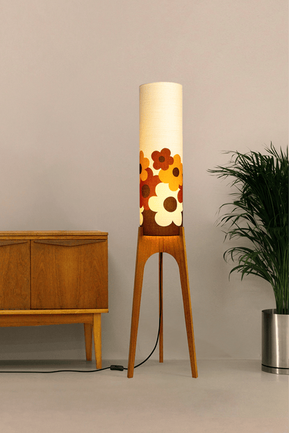 Handmade Rocket Floor Lamp with a floral design lampshade made with vintage fabric on a neutral background