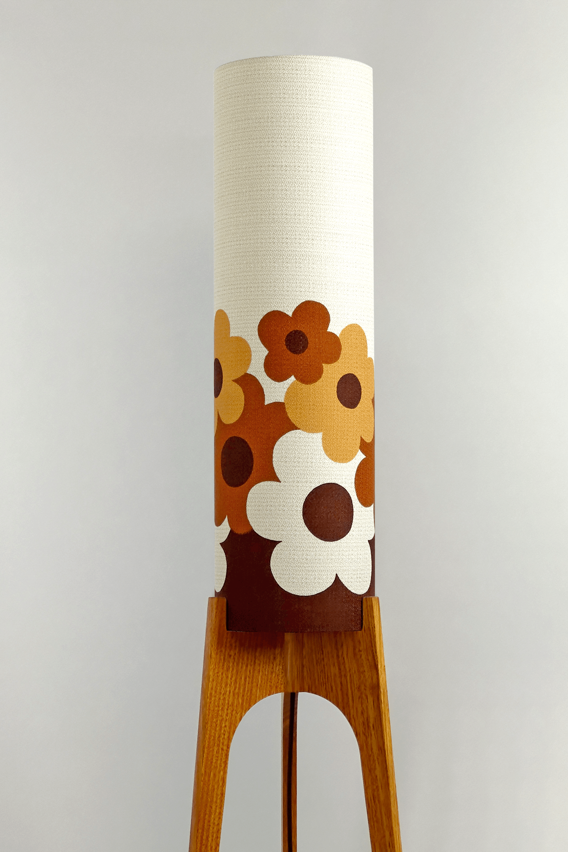 Handmade Rocket Floor Lamp with a floral design lampshade made with vintage fabric on a neutral background