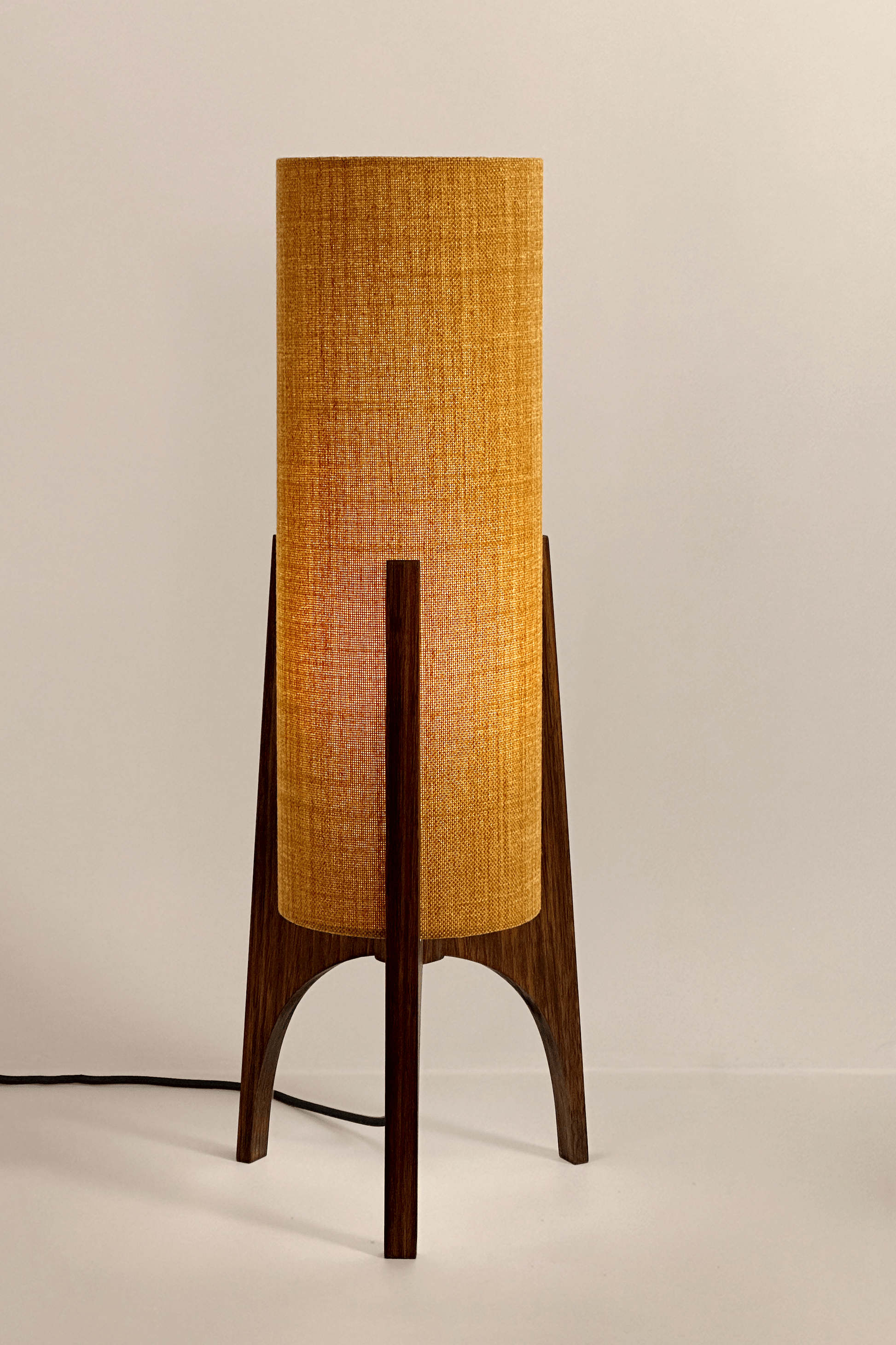 Archie Rocket Table lamp with handmade wooden base and recycled fabric shade in Warm Autumn Weave Colour Shade