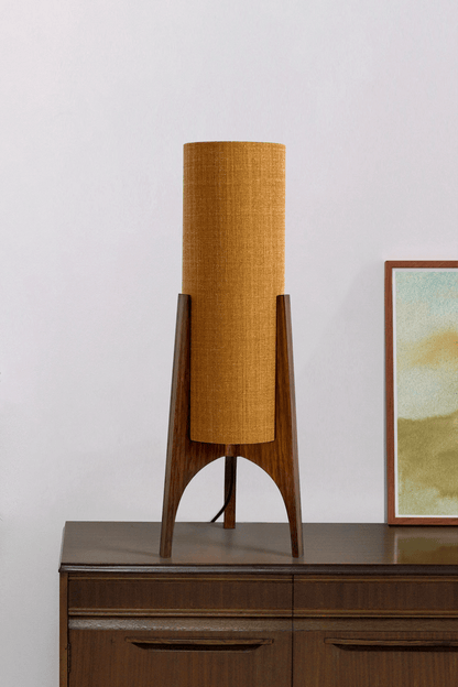 Archie Rocket Table lamp with handmade wooden base and recycled fabric shade in Warm Autumn Weave Colour Shade