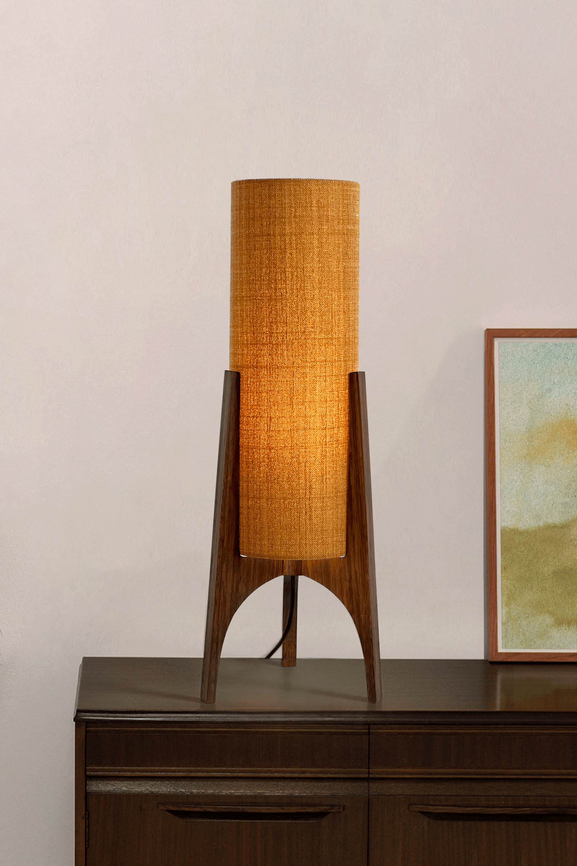 Archie Rocket Table lamp with handmade wooden base and recycled fabric shade in Warm Autumn Weave Colour Shade