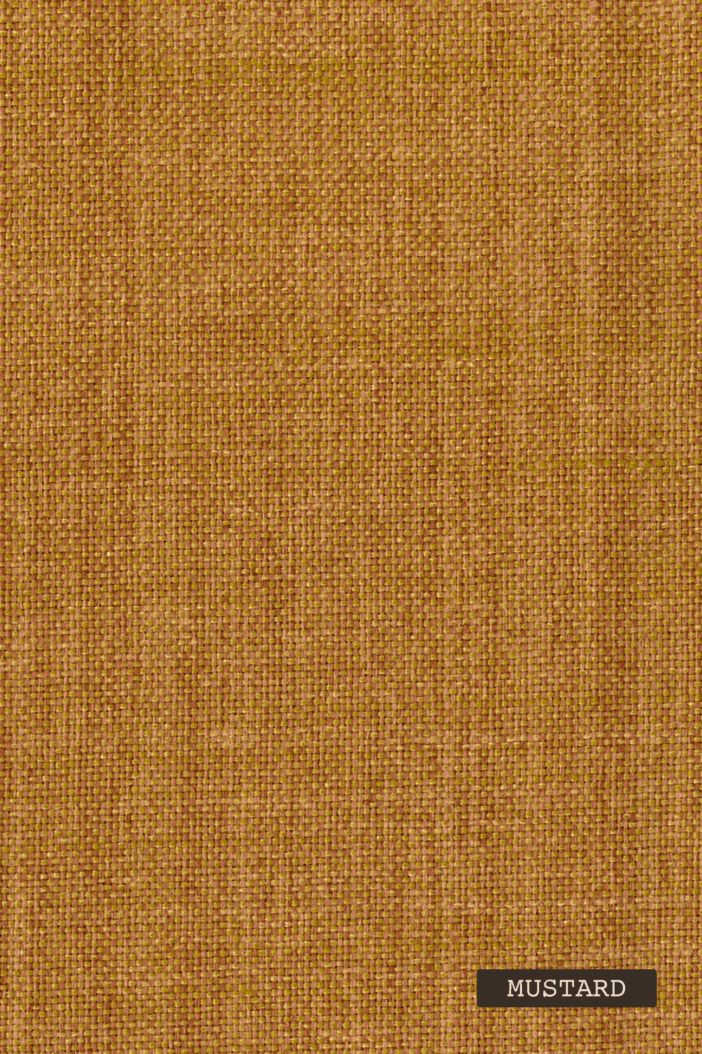 Textured mustard yellow fabric swatch with a label indicating the color 'Mustard'.