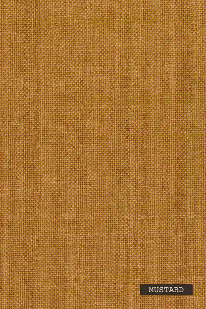 Textured mustard yellow fabric swatch with a label indicating the color 'Mustard'.