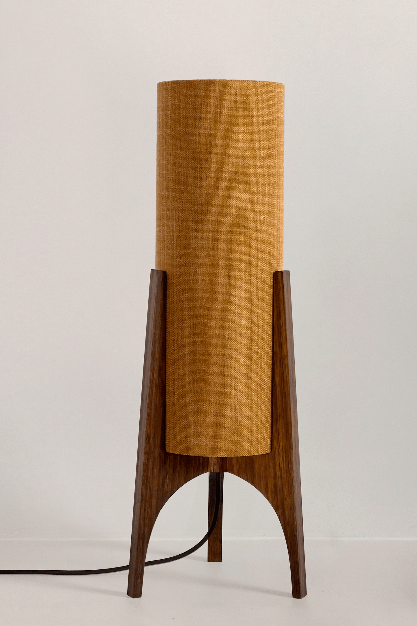 Archie Rocket Table lamp with handmade wooden base and recycled fabric shade in Warm Autumn Weave Colour Shade