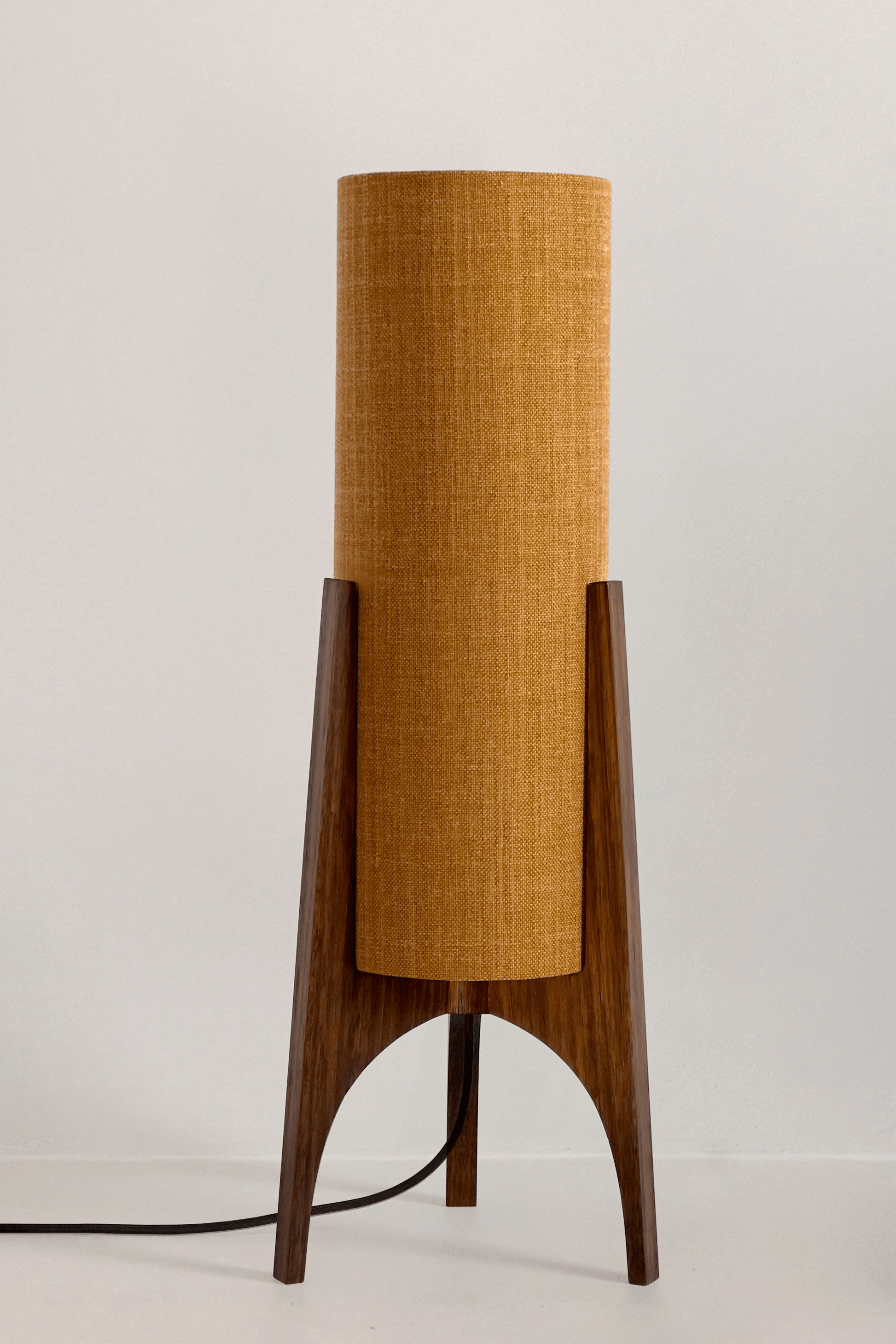 Archie Rocket Table lamp with handmade wooden base and recycled fabric shade in Warm Autumn Weave Colour Shade
