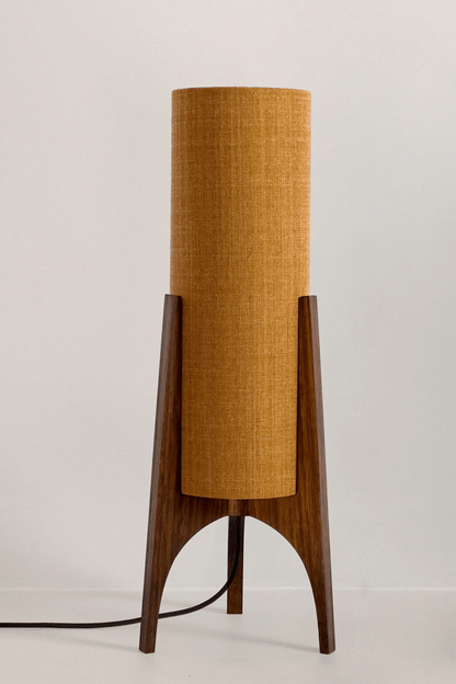 Archie Rocket Table lamp with handmade wooden base and recycled fabric shade in Warm Autumn Weave Colour Shade