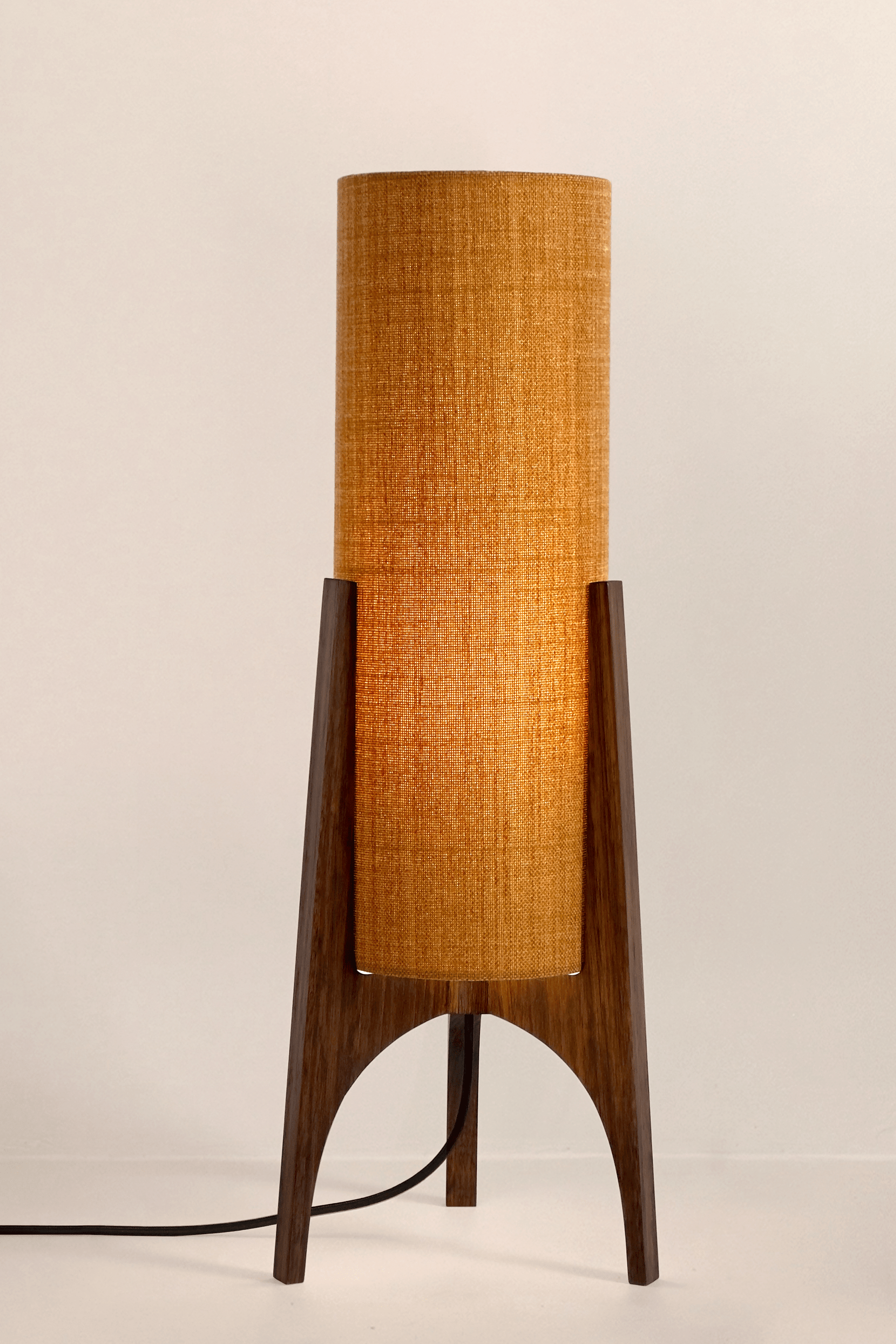 Archie Rocket Table lamp with handmade wooden base and recycled fabric shade in Warm Autumn Weave Colour Shade