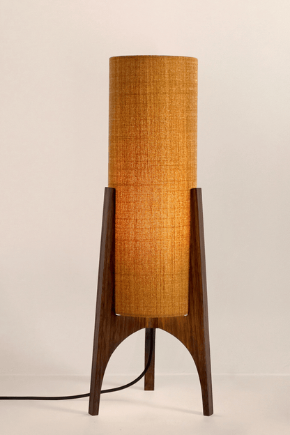 Archie Rocket Table lamp with handmade wooden base and recycled fabric shade in Warm Autumn Weave Colour Shade