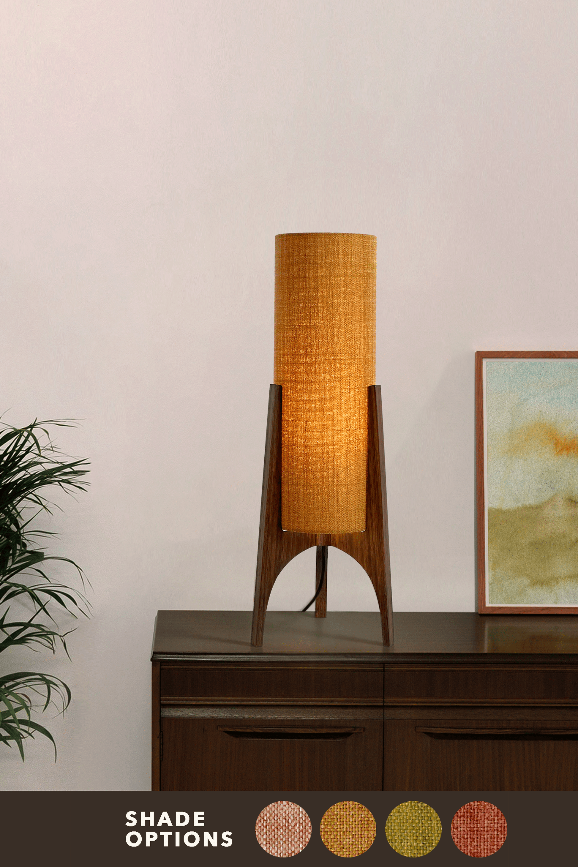 Archie Rocket Table lamp with handmade wooden base and recycled fabric shade in Warm Autumn Weave Colour Shade