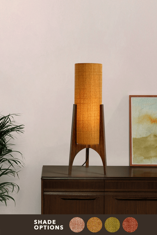 Archie Rocket Table lamp with handmade wooden base and recycled fabric shade in Warm Autumn Weave Colour Shade