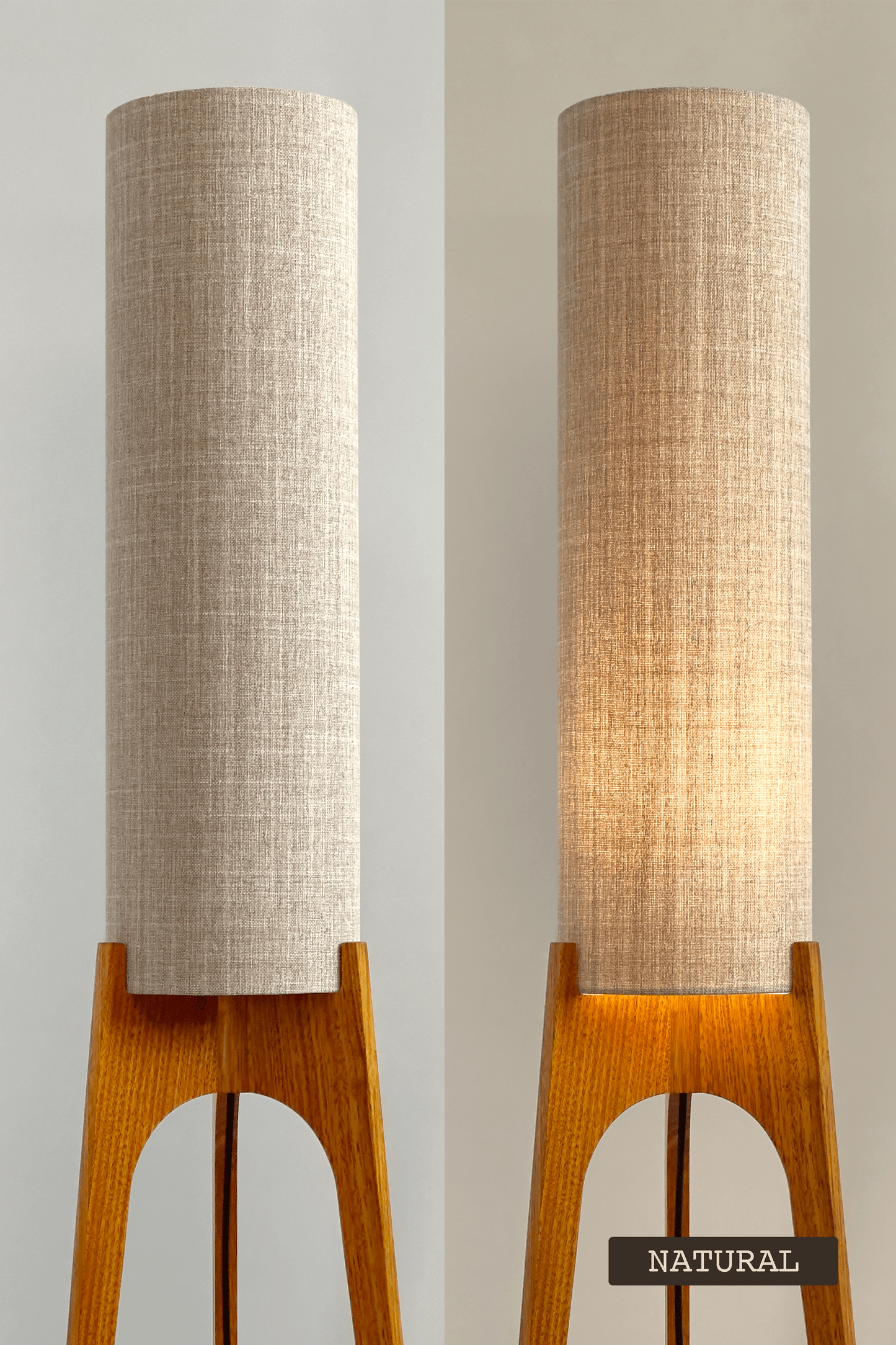 Two floor lamps with beige cylindrical shades on a plain background - Shade Colour: Natural