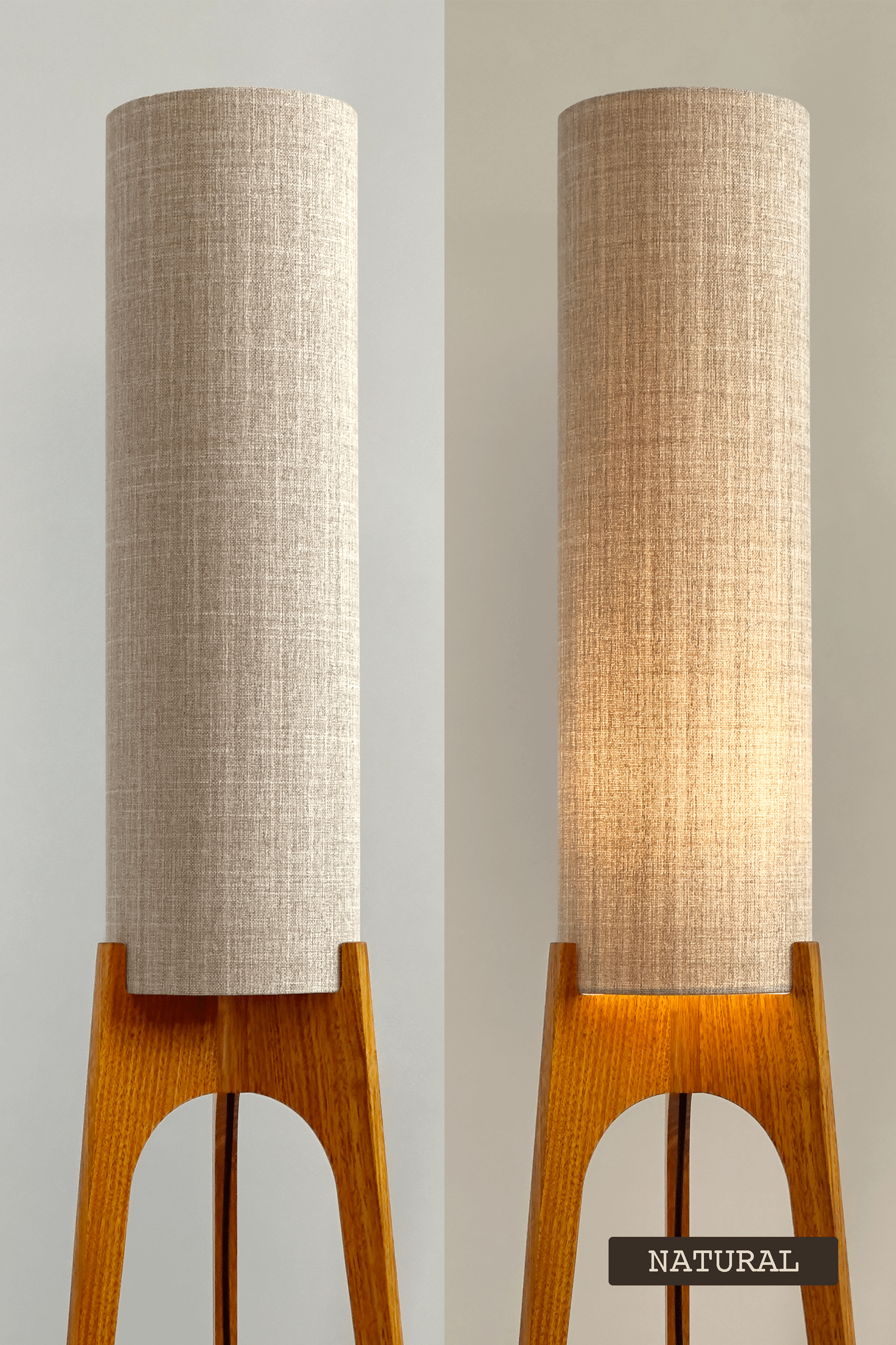 Two floor lamps with beige cylindrical shades on a plain background - Shade Colour: Natural