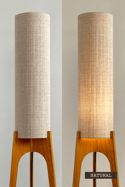 Two floor lamps with beige cylindrical shades on a plain background - Shade Colour: Natural
