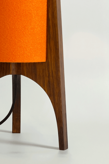 Orange Archie Rocket Table lamp with a handmade wooden base and recycled fabric shade.
