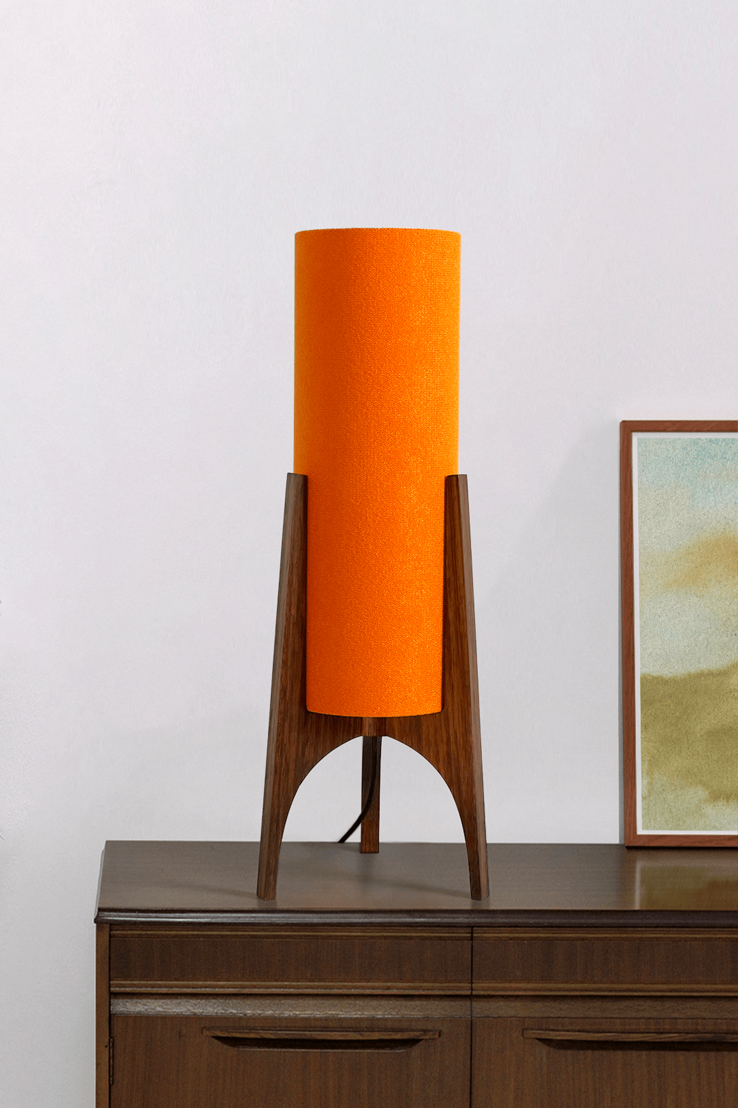 Orange Archie Rocket Table lamp with a handmade wooden base and recycled fabric shade.
