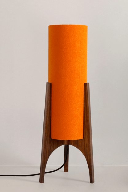 Orange Archie Rocket Table lamp with a handmade wooden base and recycled fabric shade.