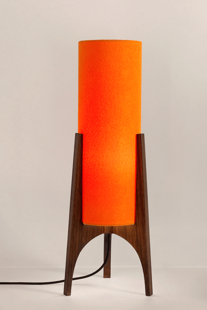 Orange Archie Rocket Table lamp with a handmade wooden base and recycled fabric shade.