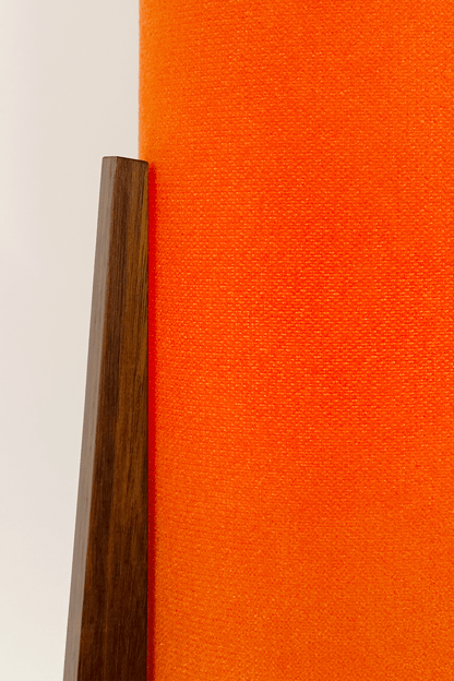 Orange Archie Rocket Table lamp with a handmade wooden base and recycled fabric shade.