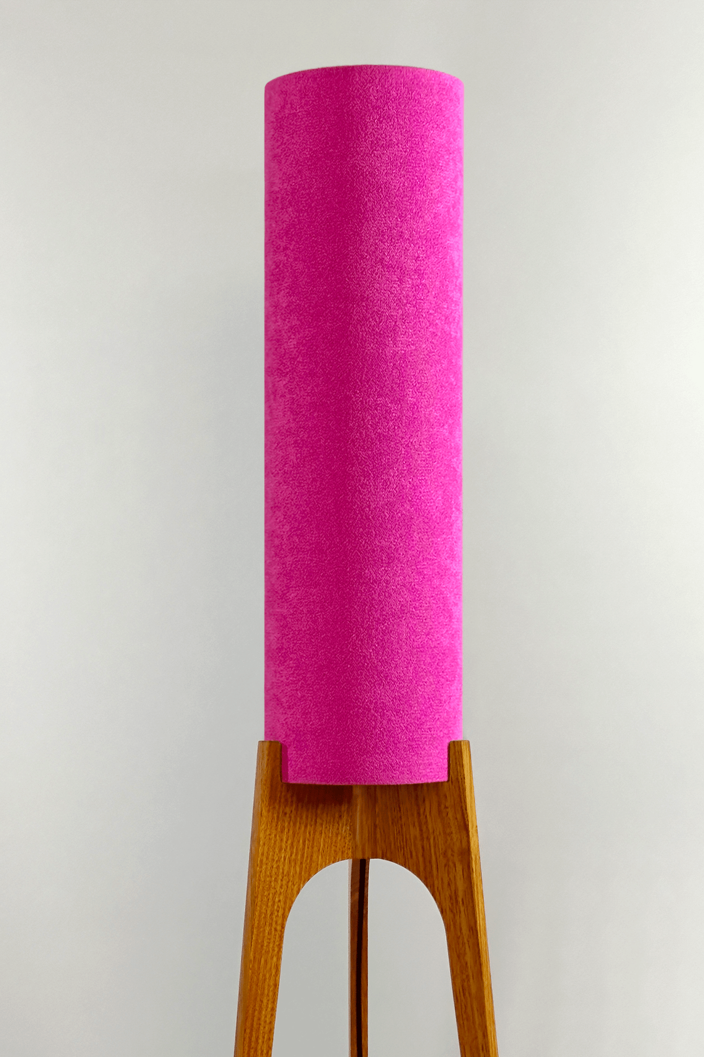 Pink Archie Rocket Floor Lamp made from recycled fabric and a wooden lamp base 