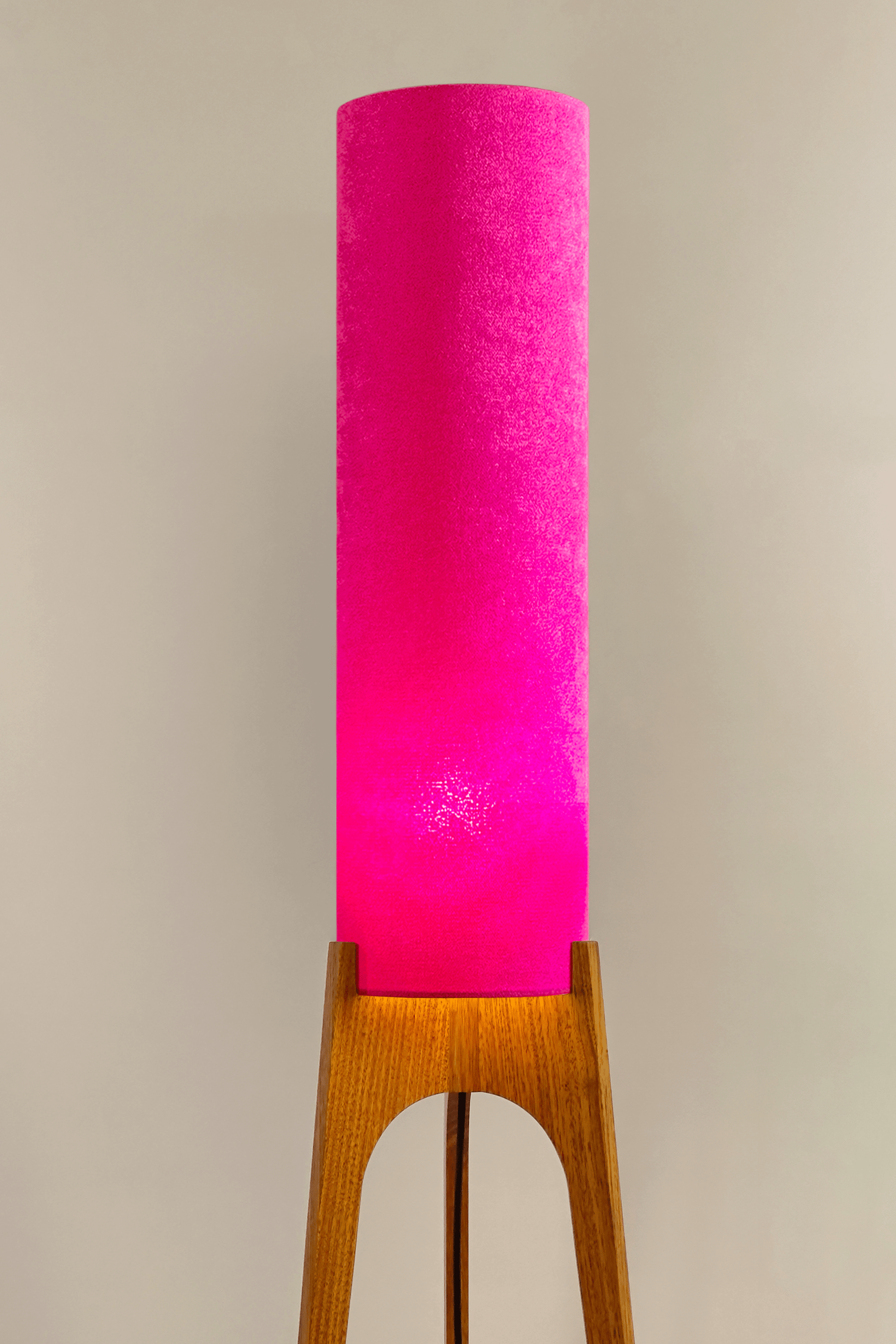 Pink Archie Rocket Floor Lamp made from recycled fabric and a wooden lamp base