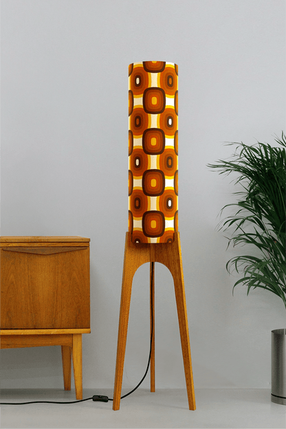 Sonny - Archie Rocket Floor Lamp with handmade lampshade from vintage fabric in retro geometric patterned and wooden lampbase handcrafted from Oak