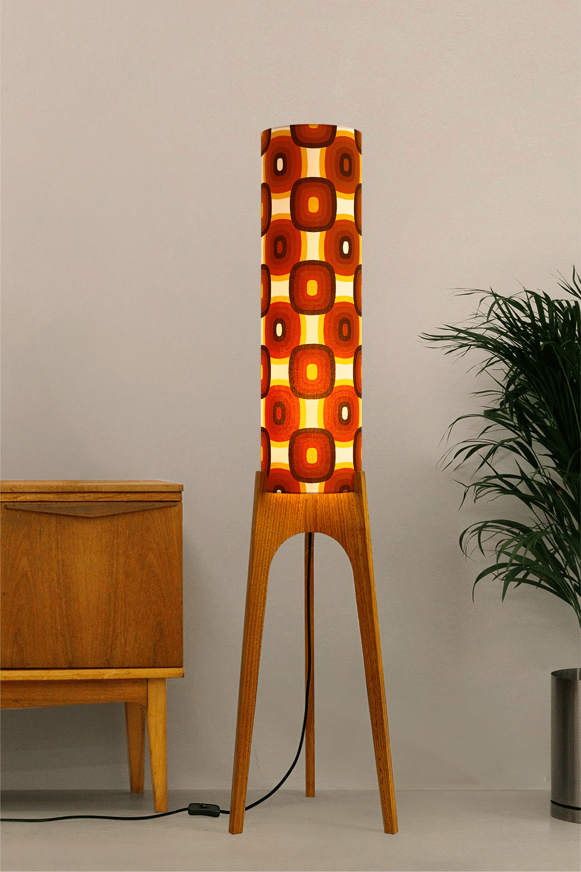Sonny - Archie Rocket Floor Lamp with handmade lampshade from vintage fabric in retro geometric patterned and wooden lampbase handcrafted from Oak