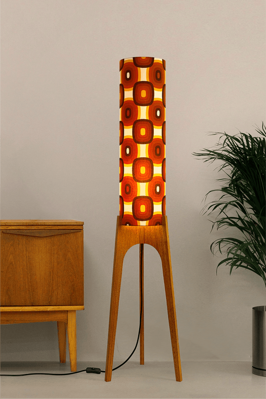 Sonny - Archie Rocket Floor Lamp with handmade lampshade from vintage fabric in retro geometric patterned and wooden lampbase handcrafted from Oak