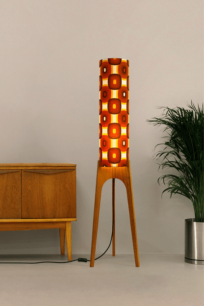 Sonny - Archie Rocket Floor Lamp with handmade lampshade from vintage fabric in retro geometric patterned and wooden lampbase handcrafted from Oak