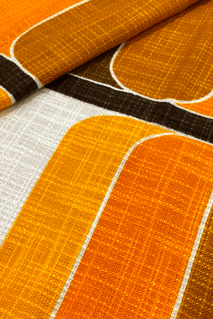 authentic 70's vintage fabric with orange and brown stripes on a white background