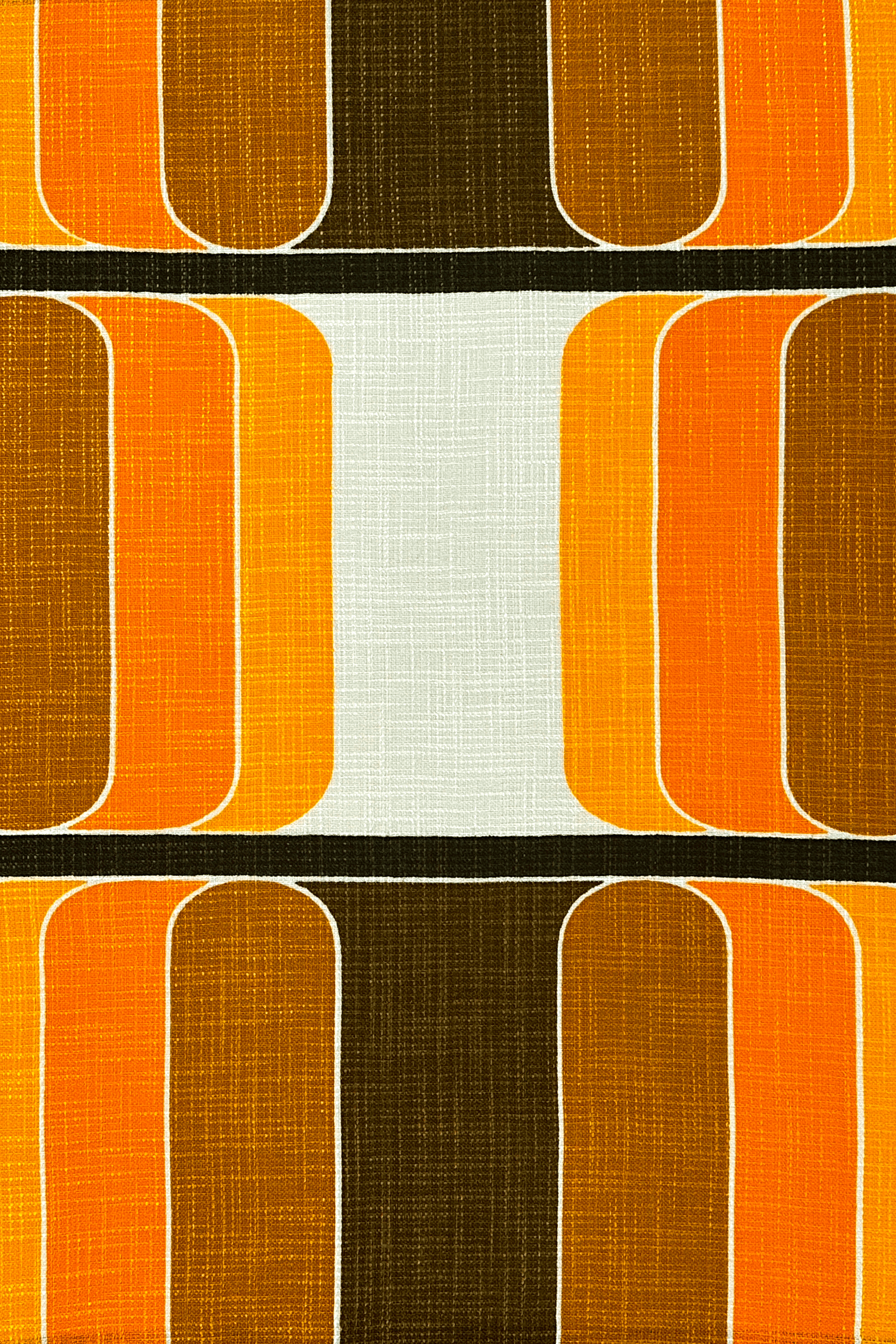 authentic 70's vintage fabric with orange and brown stripes on a white background