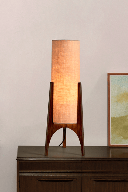Archie Rocket Table lamp with handmade wooden base and handmade fabric shade in Premium Linen with gentle colour shade options