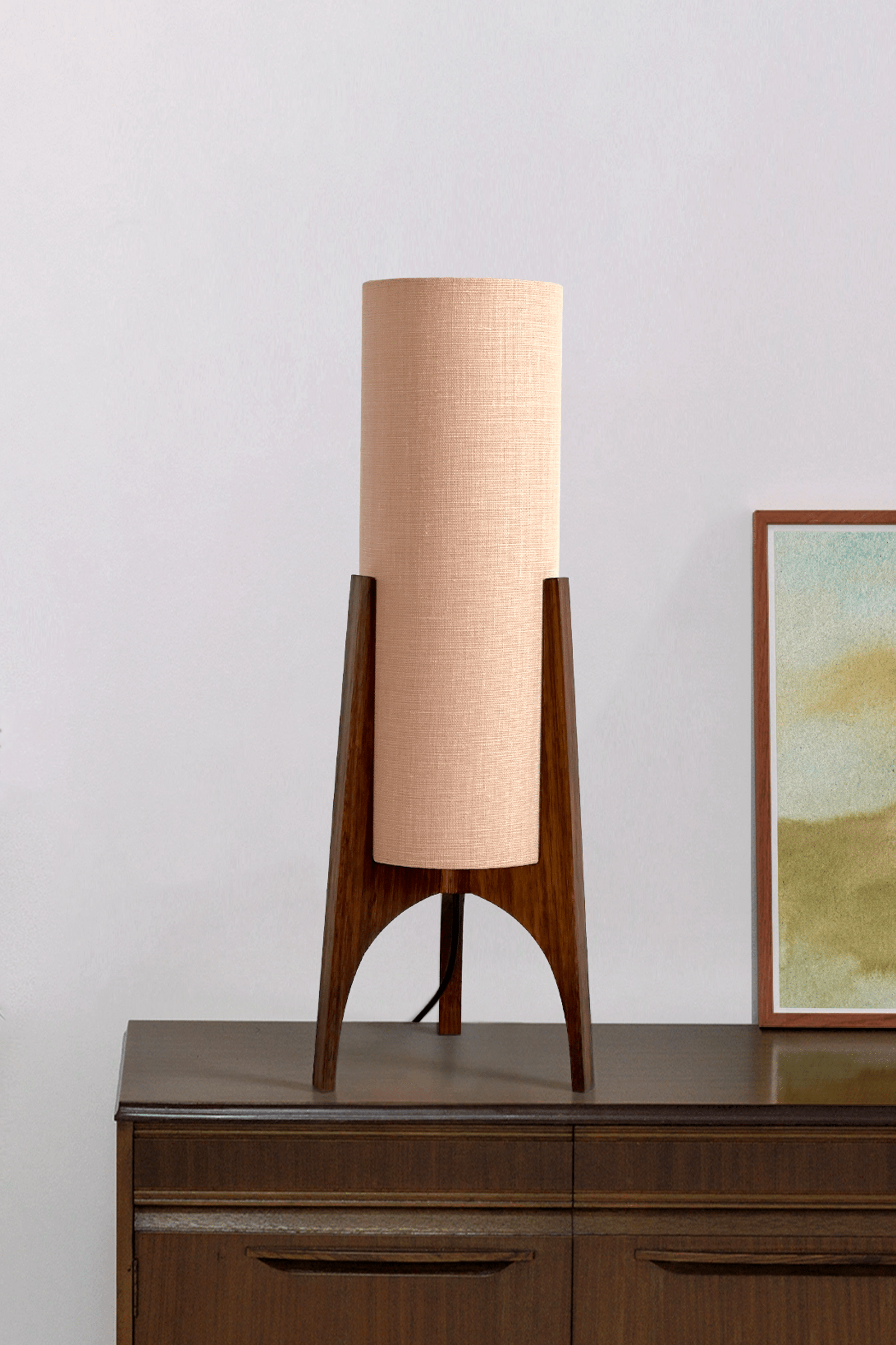 Archie Rocket Table lamp with handmade wooden base and handmade fabric shade in Premium Linen with gentle colour shade options