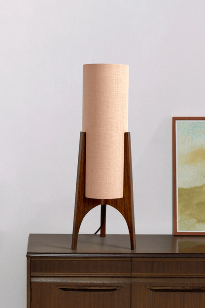 Archie Rocket Table lamp with handmade wooden base and handmade fabric shade in Premium Linen with gentle colour shade options
