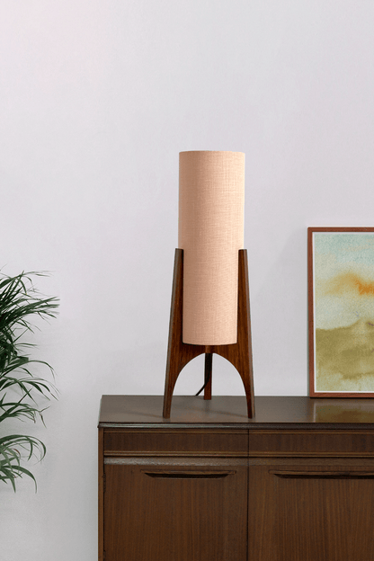 Archie Rocket Table lamp with handmade wooden base and handmade fabric shade in Premium Linen with gentle colour shade options