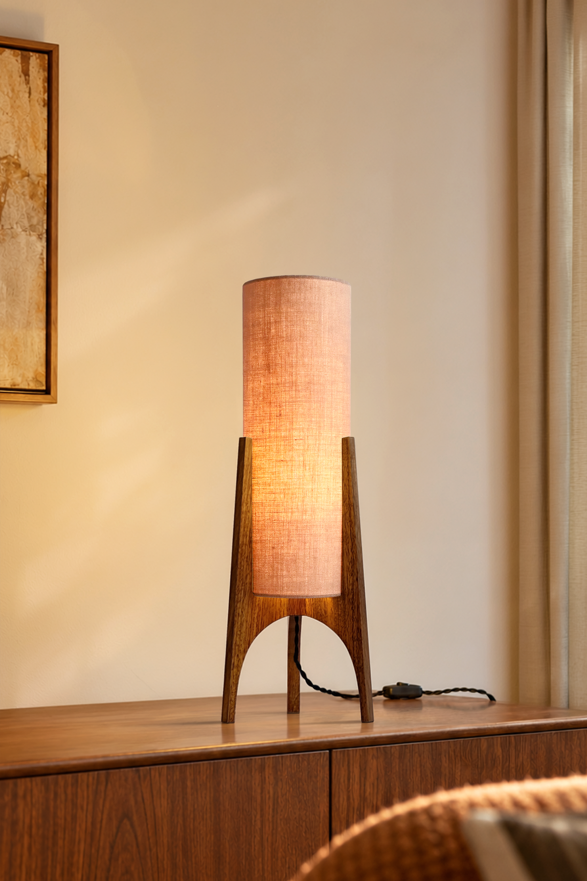 Archie Rocket Table lamp with handmade wooden base and handmade fabric shade in Premium Linen with gentle colour shade options