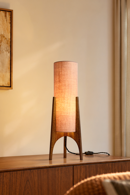 Archie Rocket Table lamp with handmade wooden base and handmade fabric shade in Premium Linen with gentle colour shade options