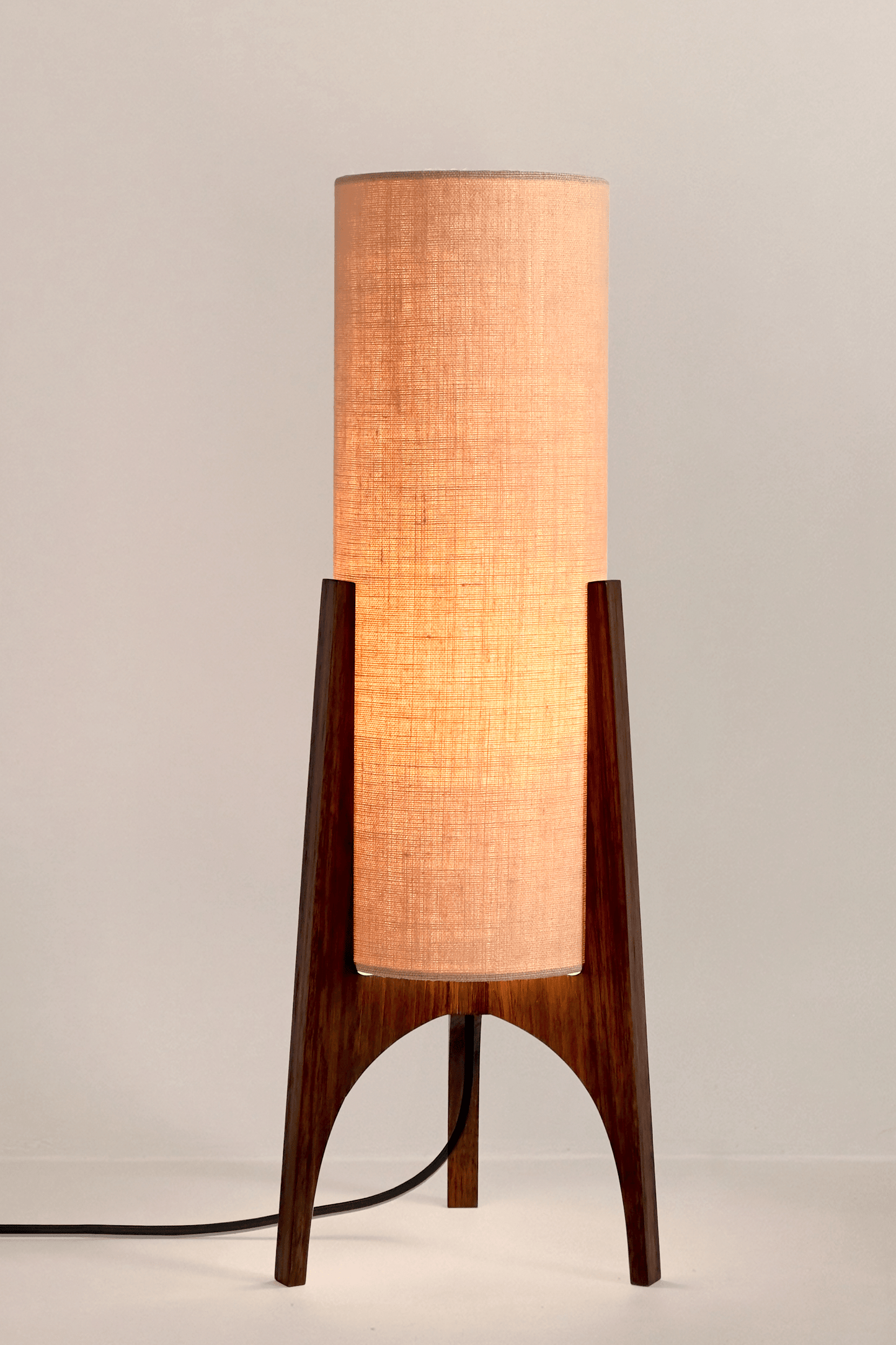 Archie Rocket Table lamp with handmade wooden base and handmade fabric shade in Premium Linen with gentle colour shade options