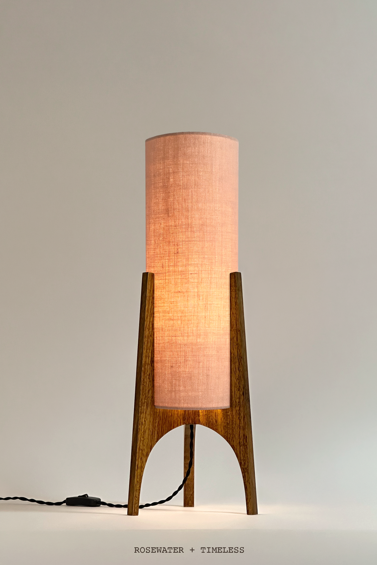 Archie Rocket Table lamp with handmade wooden base and handmade fabric shade in Premium Linen with gentle colour shade options