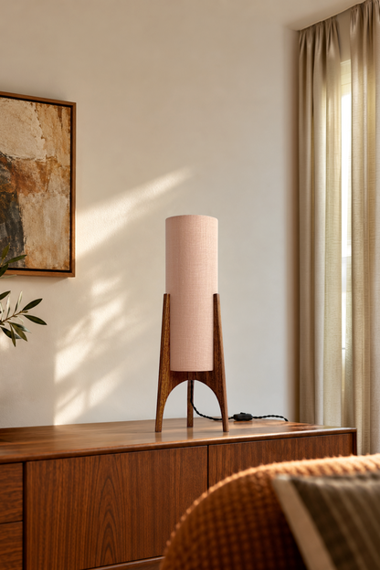 Archie Rocket Table lamp with handmade wooden base and handmade fabric shade in Premium Linen with gentle colour shade options