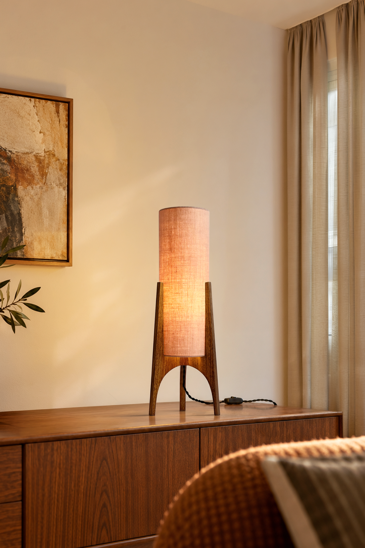 Archie Rocket Table lamp with handmade wooden base and handmade fabric shade in Premium Linen with gentle colour shade options
