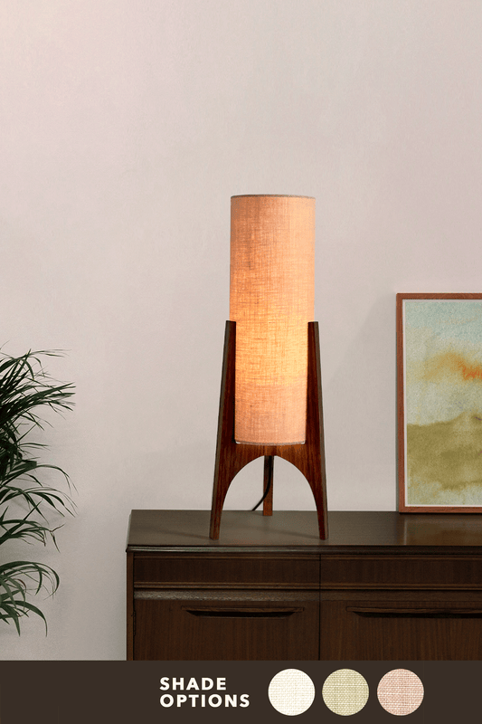 Archie Rocket Table lamp with handmade wooden base and handmade fabric shade in Premium Linen with gentle colour shade options