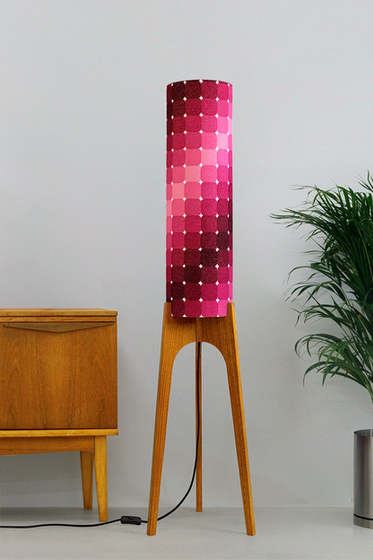 Roxy - Handcrafted wooden Rocket floor lamp with a unique design, handmade lampshade from 70's vintage fabric in in graduating shades of blush pink, raspberry, berry and deep burgundy.
