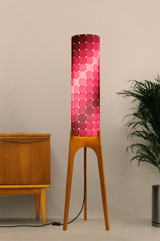 Roxy - Handcrafted wooden Rocket floor lamp with a unique design, handmade lampshade from 70's vintage fabric in in graduating shades of blush pink, raspberry, berry and deep burgundy.